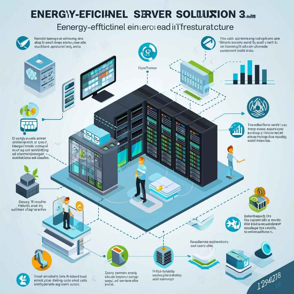 Современная серверная стойка с оборудованием, оснащенным энергоэффективными компонентами (процессоры, блоки питания, системы охлаждения).