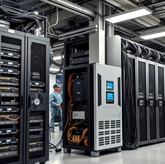 Современная серверная стойка с установленным ИБП внизу, обеспечивающая бесперебойное питание критичного оборудования.