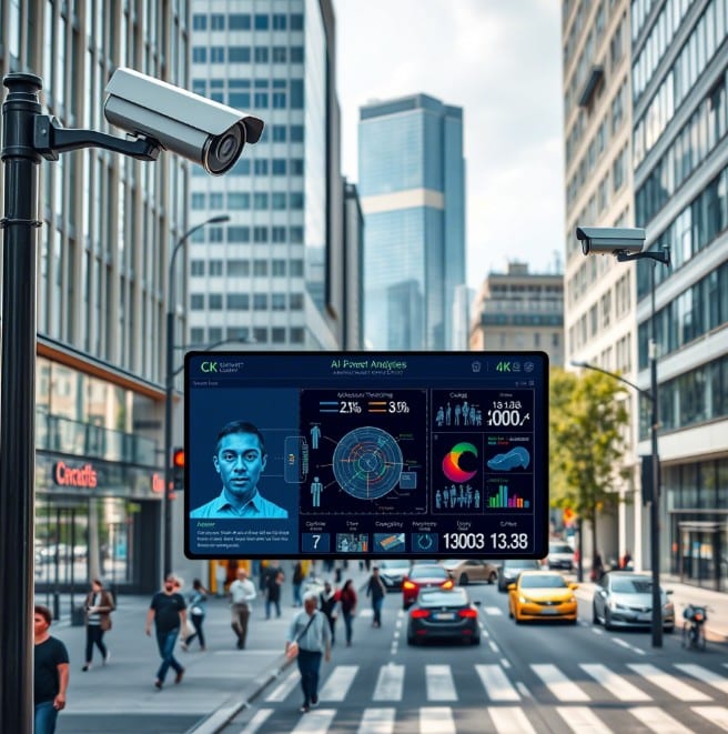 Визуализация работы AI аналитики выделение объектов (человек, автомобиль) и тревожных событий на видео с камеры наблюдения. Визуализация работы AI аналитики выделение объектов (человек, автомобиль) и тревожных событий на видео с камеры наблюдения.